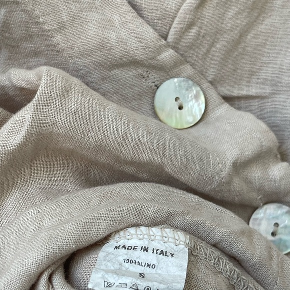 LANDS DOWNUNDER Italian Linen Tan Asymmetrical Button Pocket Boxy Boho Top Small - Picture 4 of 8